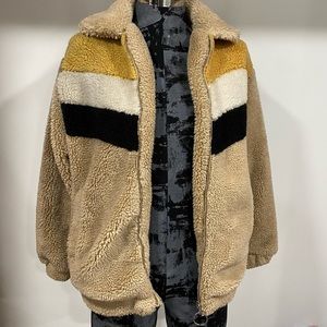 Bershka Oversized Beige Striped Color Block Teddy Fur Jacket Size Small